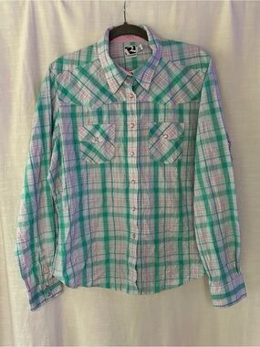 Rockies Western Rodeo Plaid Button-Down Shirt - Green & White & Pink